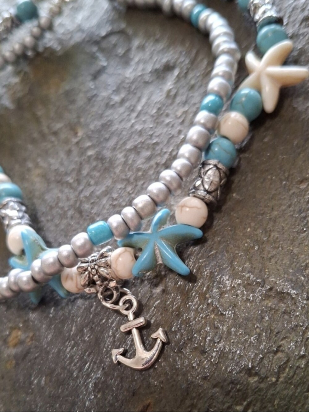 Turquoise and White Starfish Beaded Anklet with Anchor Charm